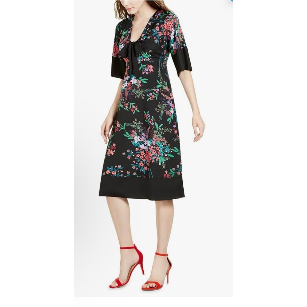 Trina Turk Black Multi Floral Print Elbow‎ Sleeve Tunic Midi Dress Size 12 Bow